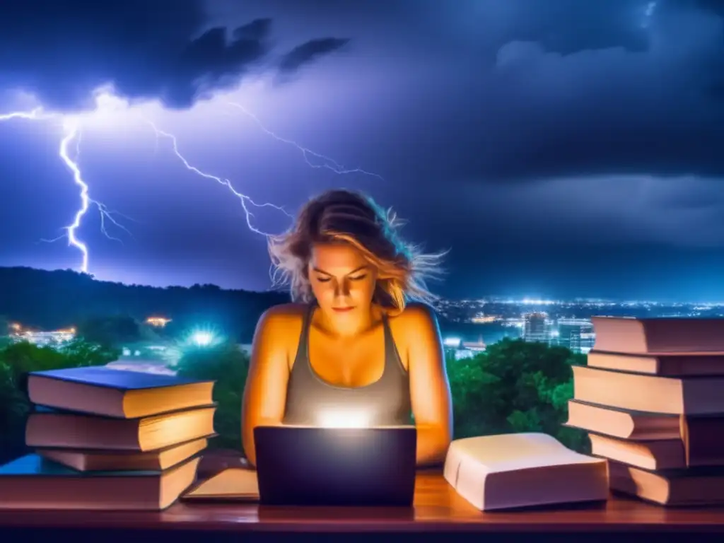 A cinematic image captures the essence of 'Hurricane Boy', with Laura Roach comfortably seated in front of a desk, surrounded by books and papers