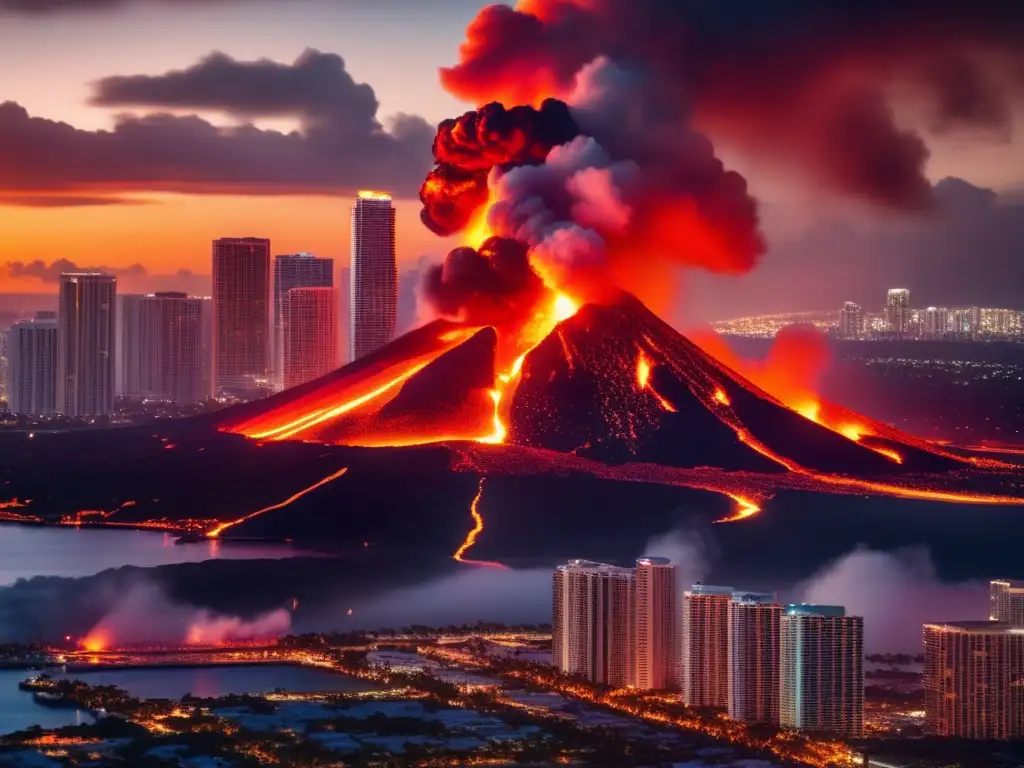 A close-up of fiery lava flow erupts from a towering volcano set amidst the stunning Miami skyline