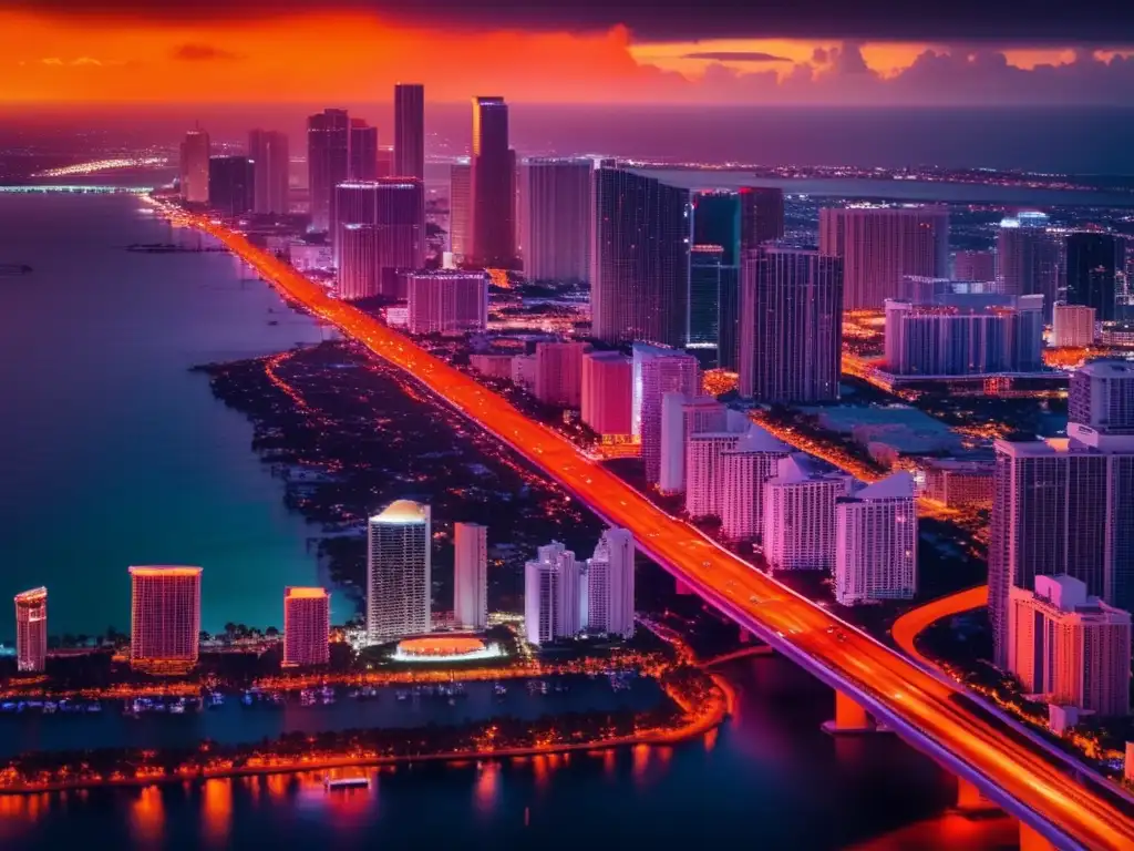 A mesmerizing aerial shot of Miami skyline, with a subtle orange lava stream, hinting at the danger and tension that awaits the characters below