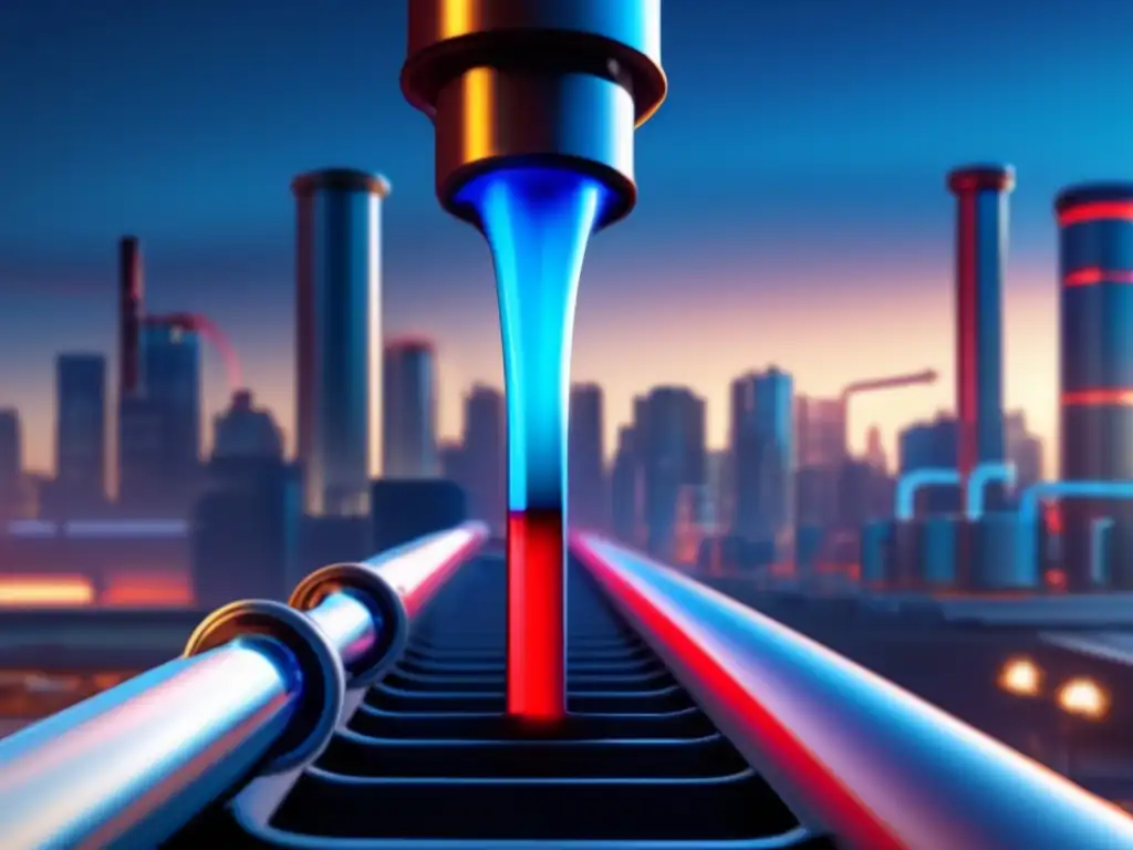 A red-to-blue gradient nozzle injects sealant into a fissure in a pipe, surrounded by industrial pipes and a sprawling city skyline in the distance