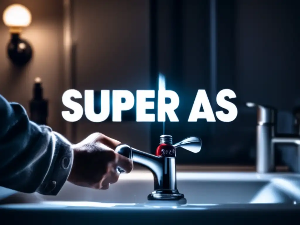 A cinematic shot of a person in close focus, holding a socket set and examining a leaky faucet in a dimly lit bathroom