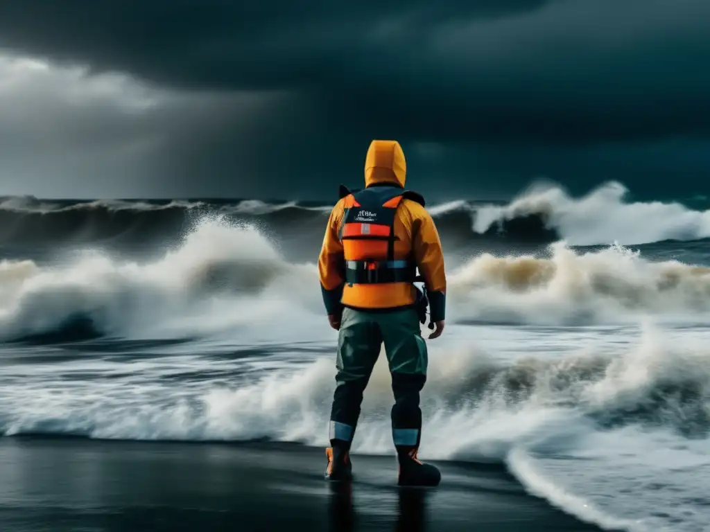 A life jacket floats in the center of an 8k high-resolution image, the cinematic style showcasing the power and intensity of a hurricane-racked bay