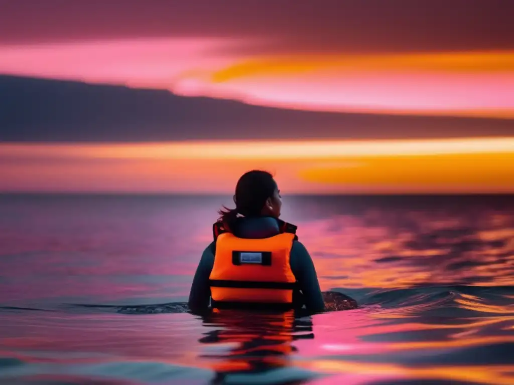 A stunning image of a person in a life jacket, surrounded by the vastness of the ocean, with sky ablaze in warm hues and clear, calm water below