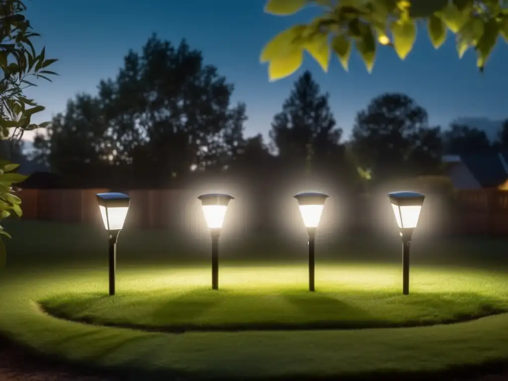 An image of three different types of outdoor floodlights illuminating a backyard at night, casting an ethereal glow on nearby trees and foliage