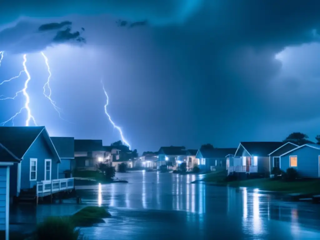 A cinematic image of a hurricane ravaging a small coastal town, with rain pouring and water slowly rising above rooftops