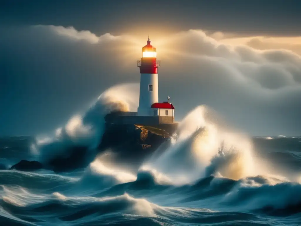 Dash: - 'Lighthouse stands proud amidst crashing waves, highlighting the strength and resilience of the marine community