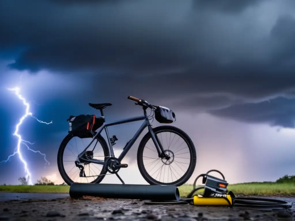 Amidst the chaos of a stormy hurricane, a bolt of lightning illuminates a lone bicycle standing on a pedestal