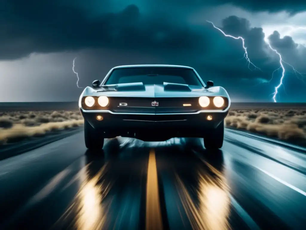 dash - A cinematic image of a car driving on a barren road with lightning bolts coming out of the sky