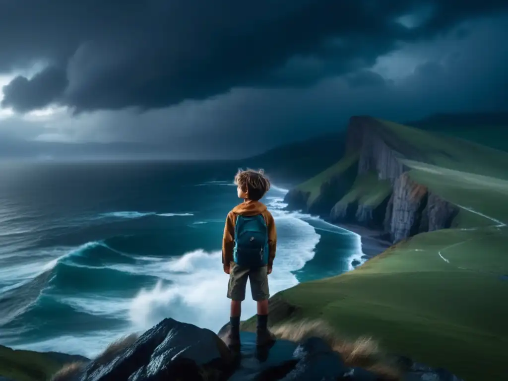 A lonesome youth braves a tempestuous sea, standing tall atop jagged cliffs