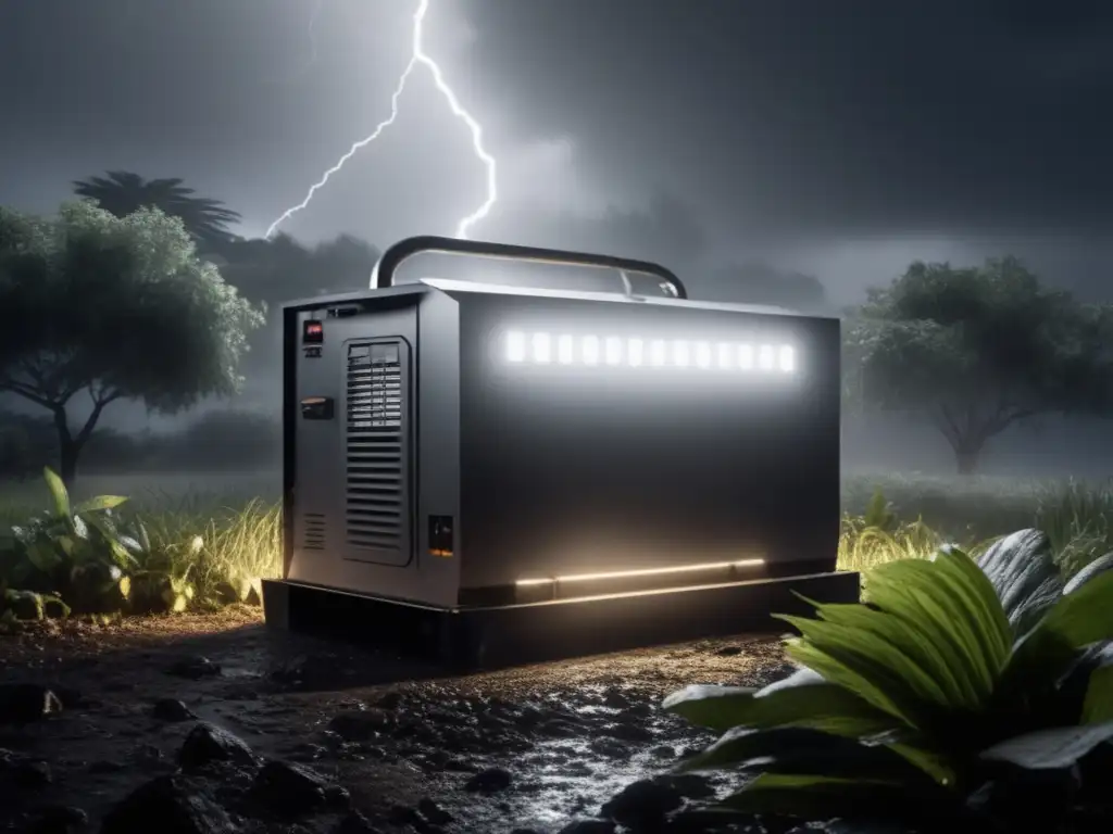 This black-and-white image captures the power of a generator shrouded in mist, with lightning illuminating the surrounding foliage against a dark sky