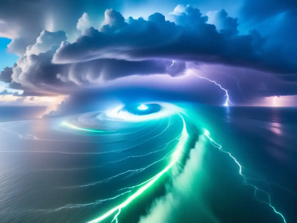 A breathtaking cinematic view of a hurricane's eye, lit by lightning strikes on swirling storm clouds