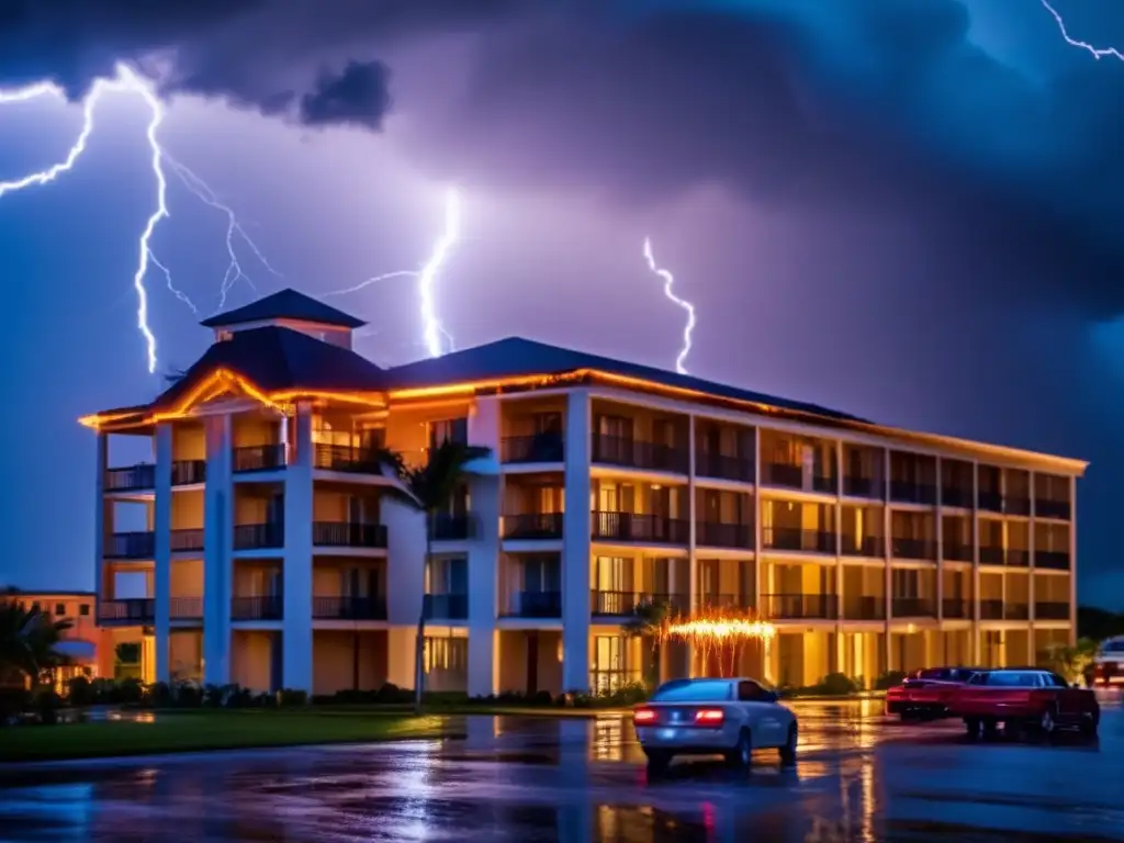 Heat and chaos light up thescreen: A hotel engulfed by Hurricane Emily's wrath, with fiery lightning illuminating the devastation and debris flying into the sky