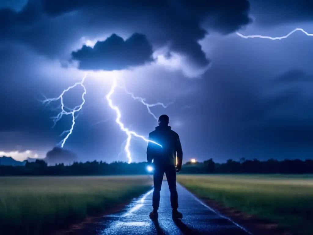 A dramatic scene captures a person illuminating the stormy night with a flashlight, as thunderbolts lightning strike in the background