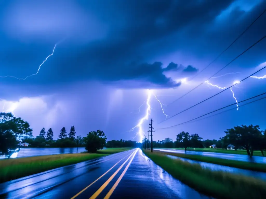 During a hurricane, a power line is torn from the sky, leaving behind destruction