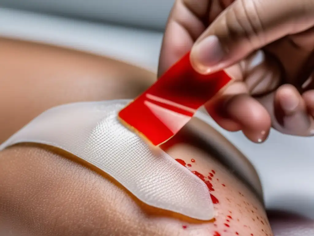 A vivid image of a liquid bandage being applied carefully to a wound, with a bright red adhesive spread across the surface and a sharp scab visible