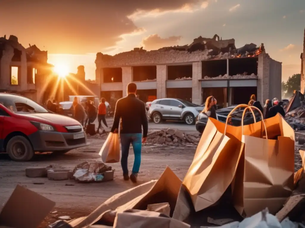 A dramatic hand, rising amidst the wreckage, clutching a shopping bag filled with hope, surrounded by a convoy of support, under a sun setting warmly, in a lensflare effect, tracing a vivid narrative of disaster relief