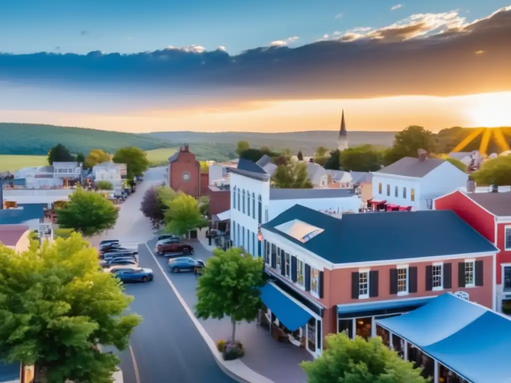 A captivating townscape shot from above, showcasing local faves such as eateries, cafes, and boutiques with bright blue shutters