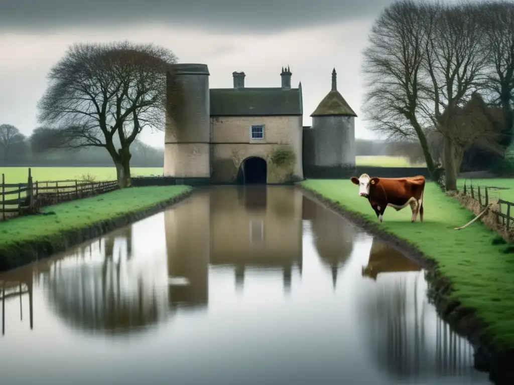 A somber scene of a small farm, surrounded by a tranquil moat of water