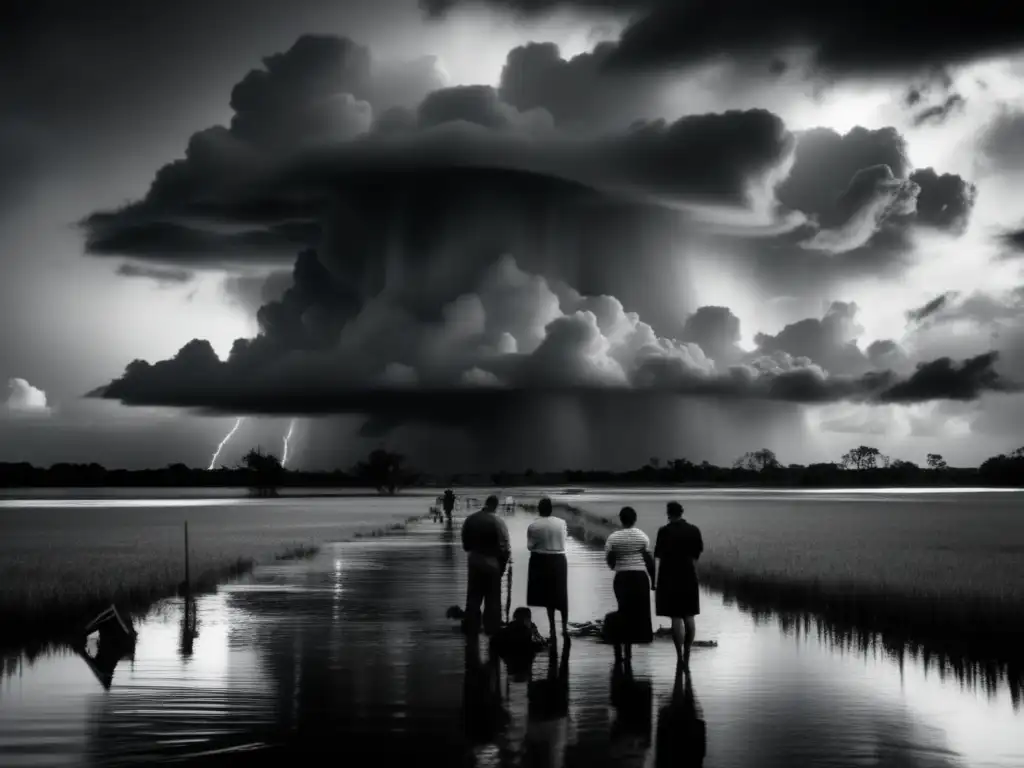 A somber black and white image captures the devastation of Louisiana after a severe storm