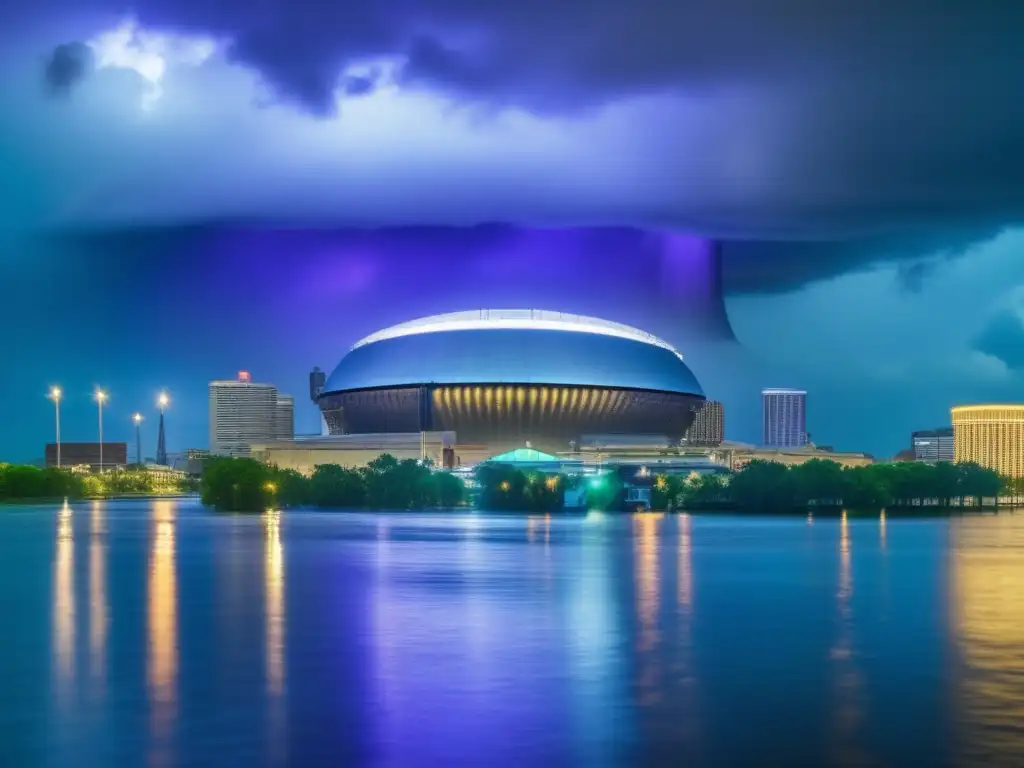 A dramatic, highly detailed image of a flooded cityscape with the iconic Louisiana Superdome looming in the background