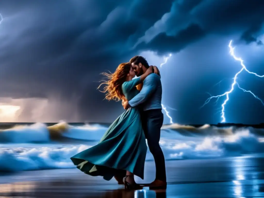 Amidst the chaotic waves of a storm, two lovers cling to each other, their moments captured through the lens in a breathtaking image