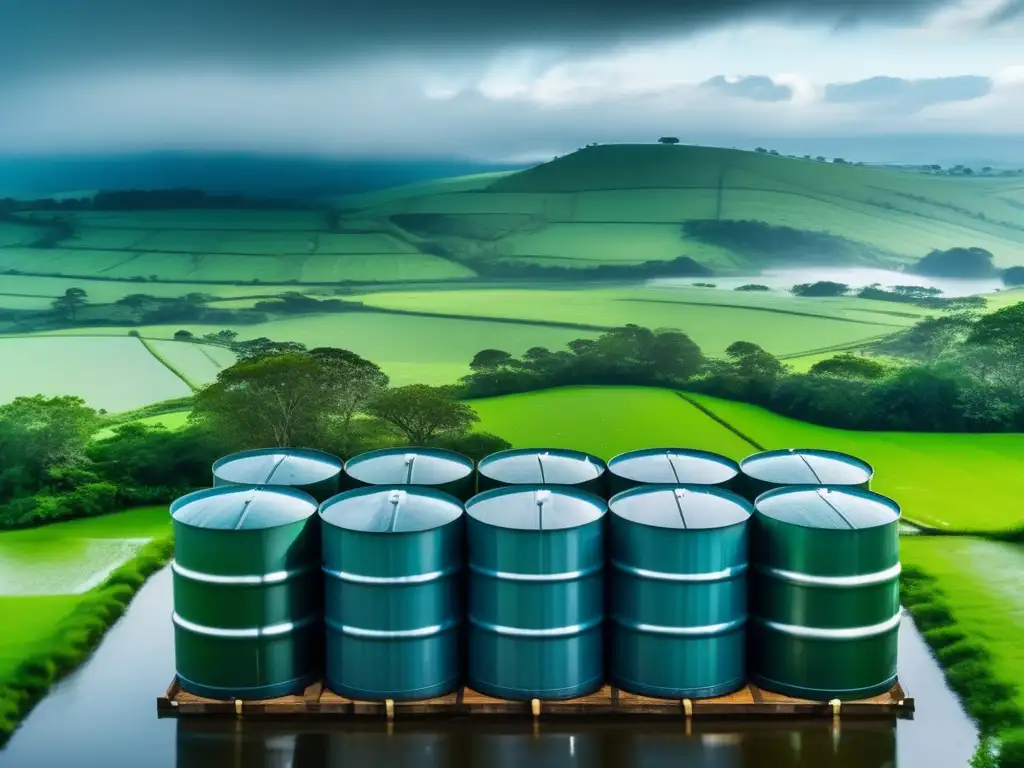 A captivating aerial shot of a lush green landscape with rainwater collection barrels, surrounded by clear blue skies and gentle rains