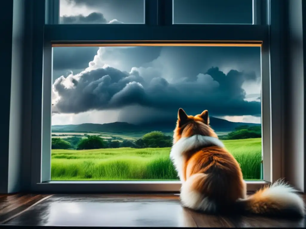 A stunning view of a house amidst a green landscape, with impending storm clouds in the background, and a furry companion by the owner's side