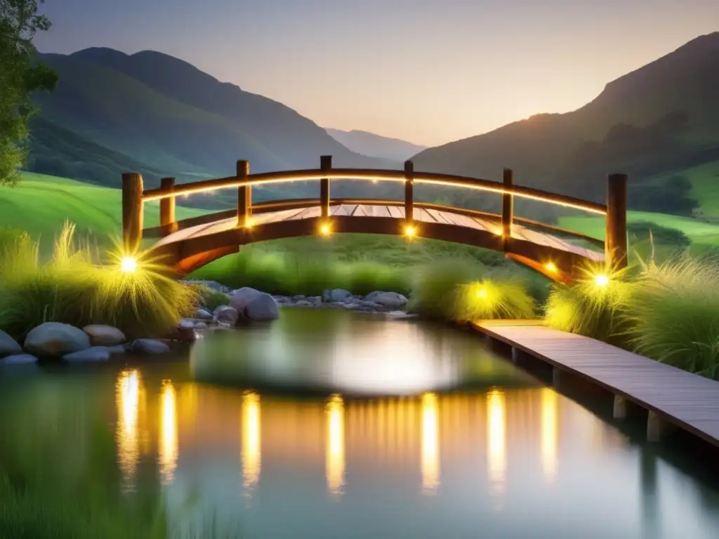 Sustainable green valley bathed in a warm, inviting glow from solarpowered lights surrounding a rustic bridge