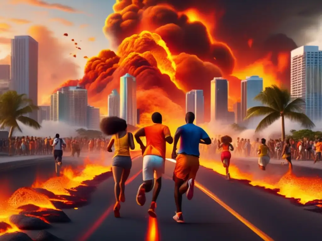 Magma flow captures the attention of Miami in a red-hot explosion, as the skyline blends in hues of orange and yellow