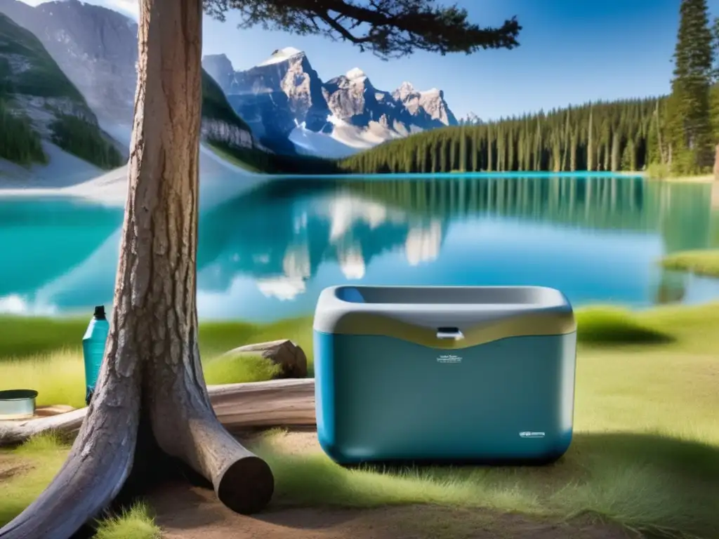 A serene image of a group camping in the wilderness, surrounded by towering trees and a sparkling blue lake