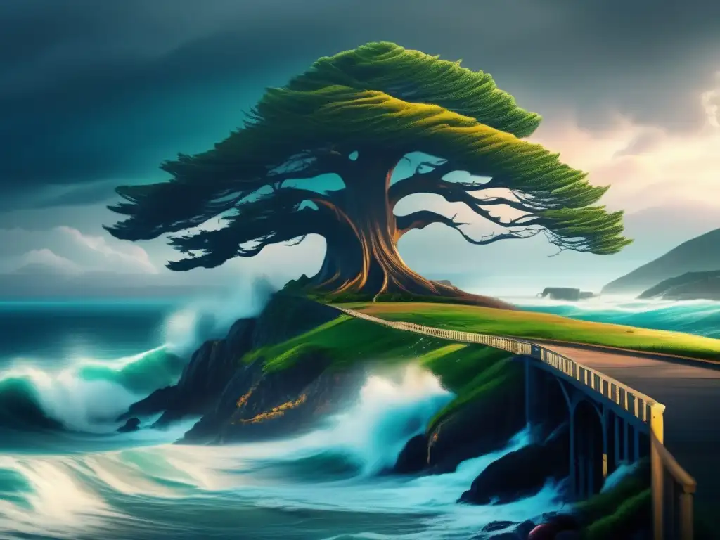 As a cinematic masterpiece unfolds, a towering tree stands sentinel, battered by waves and winds in this image