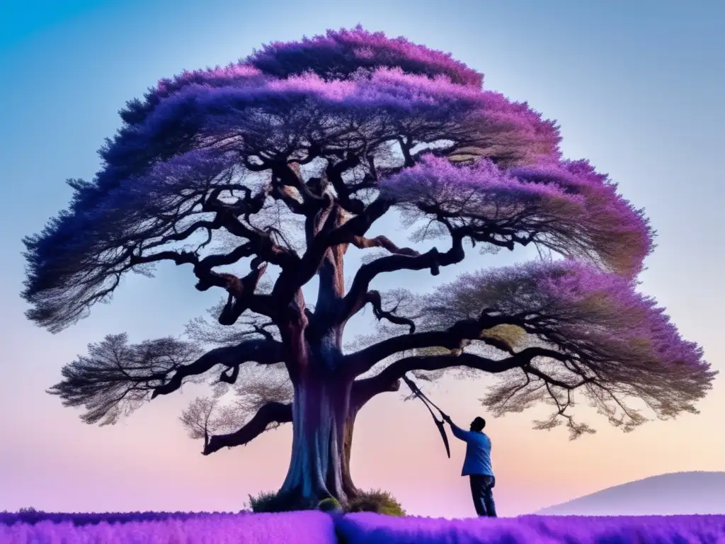 A breathtaking image of a majestic tree reaching towards the sky, with a lone figure ready to prune and shape it