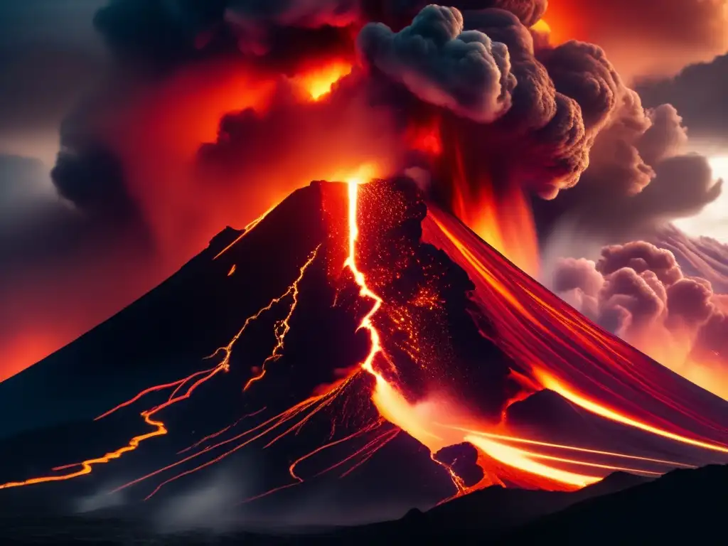 A dramatic shot of a fiery volcano erupts, with lightning strikes crashing around its base and ash clouds rising up into the sky