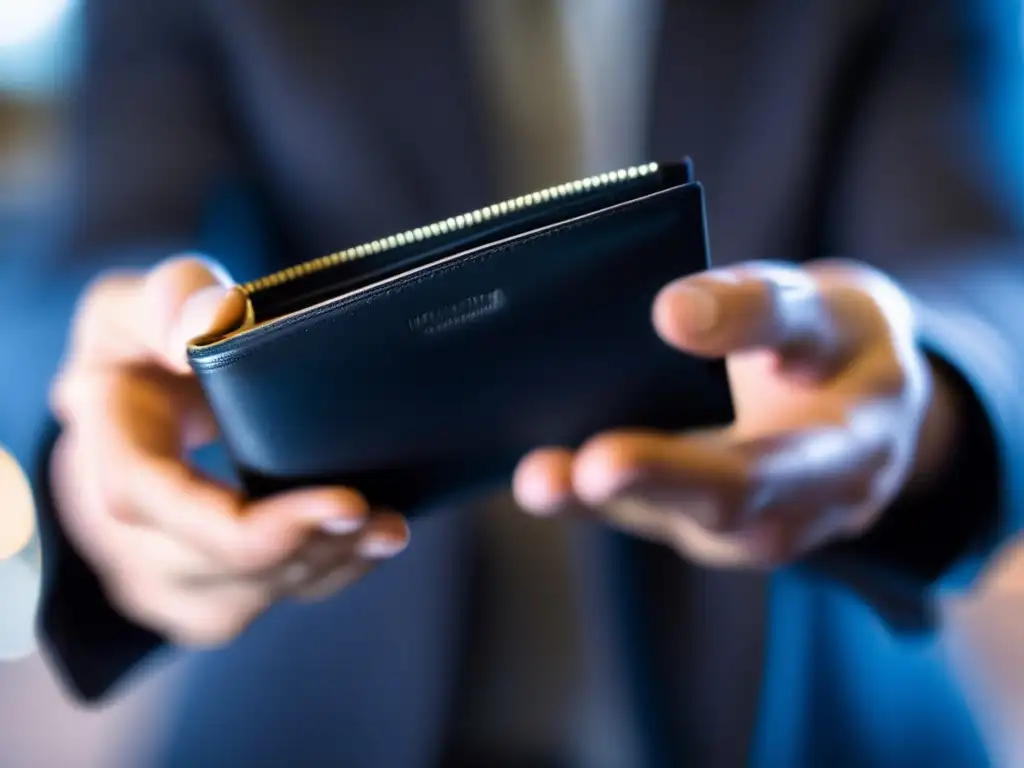 A man's focused gaze on the waterresistant wallet in his hand, obscured by a blurry abstract background; capturing his urgent need for a solution