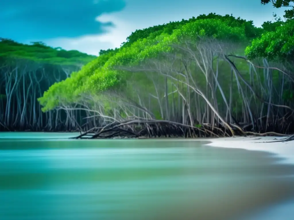 A stunning cinematic image of a mangrove forest, with tall, swaying trees growing along a serene coastal shoreline