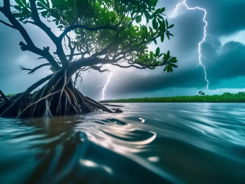 A breathtaking underwater shot of a mangrove forest swaying in the midst of a hurricane