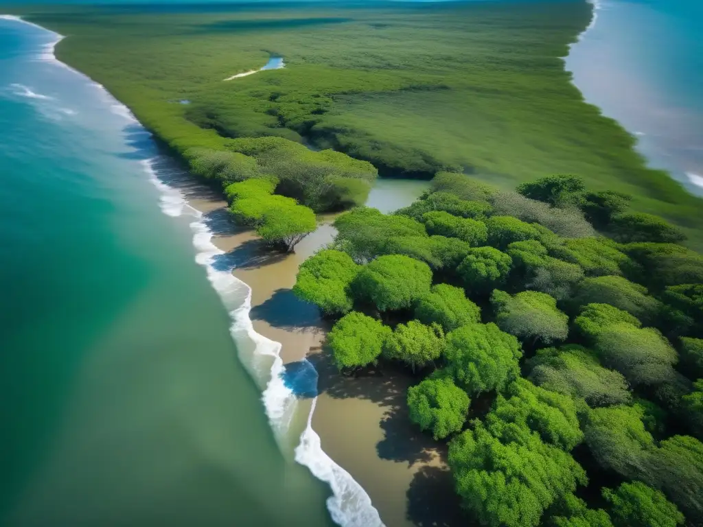 Captivating aerial views of mangroves and coastline, with waves crashing against the trees, and a blur of water in motion, taken from above