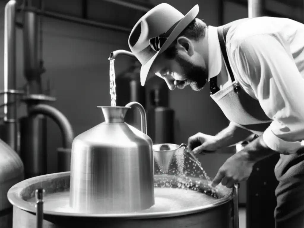 Man meticulously pouring distilled water into a metal distiller, drops splashing onto the white liquid inside