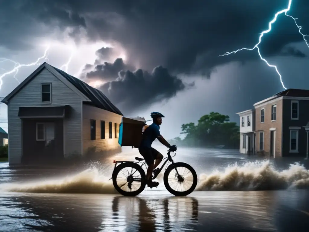 A man rides his bike through reflective flooded streets during a hurricane, carrying supplies on a board