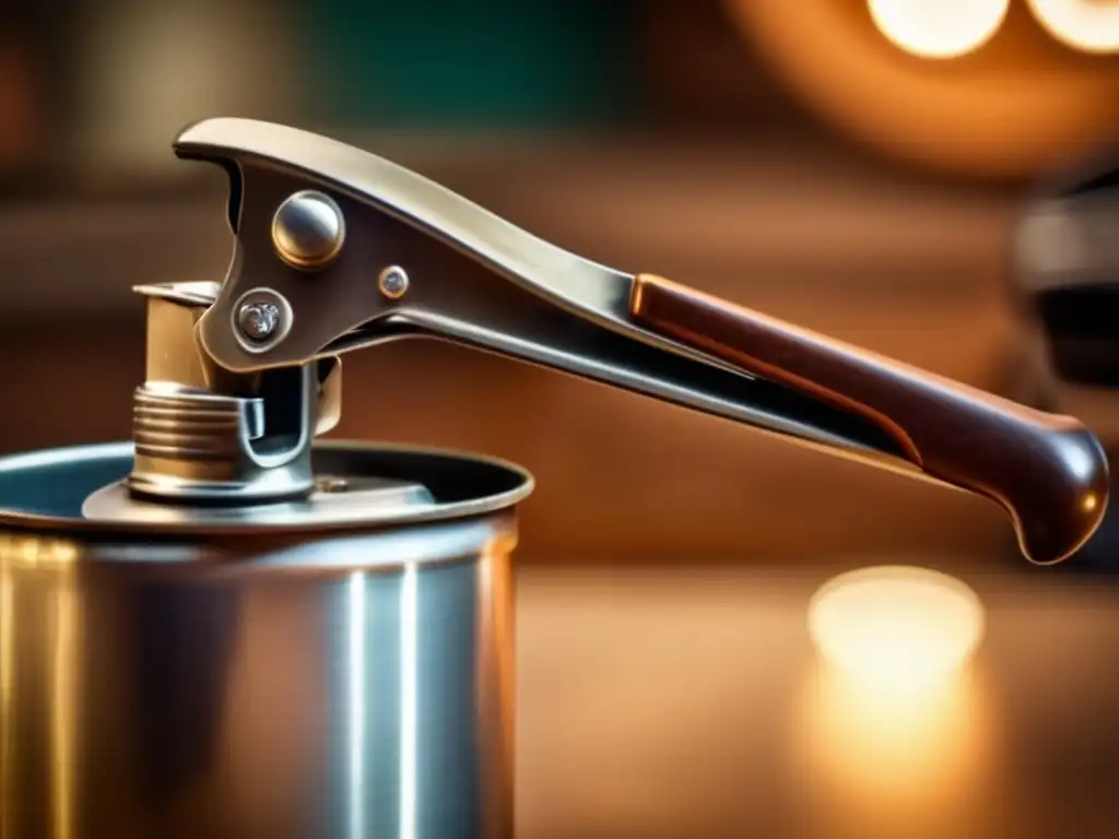 A rusty, vintage mechanical can opener with a focused handle, set against an atmospheric, vintage background with a warm glow