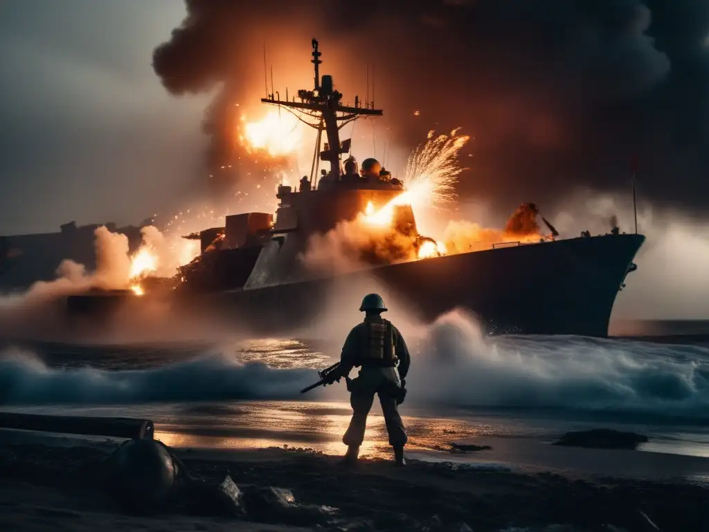 Marine stands resignedly in the center of the image, holding a flare against the backdrop of a distressed ship on fire