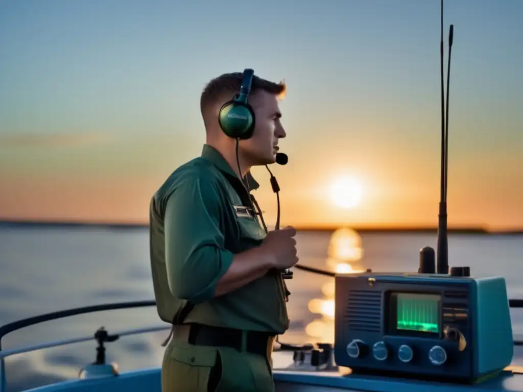 A sailor standing watch on a ship at dusk, scrutinizing the horizon through a radio