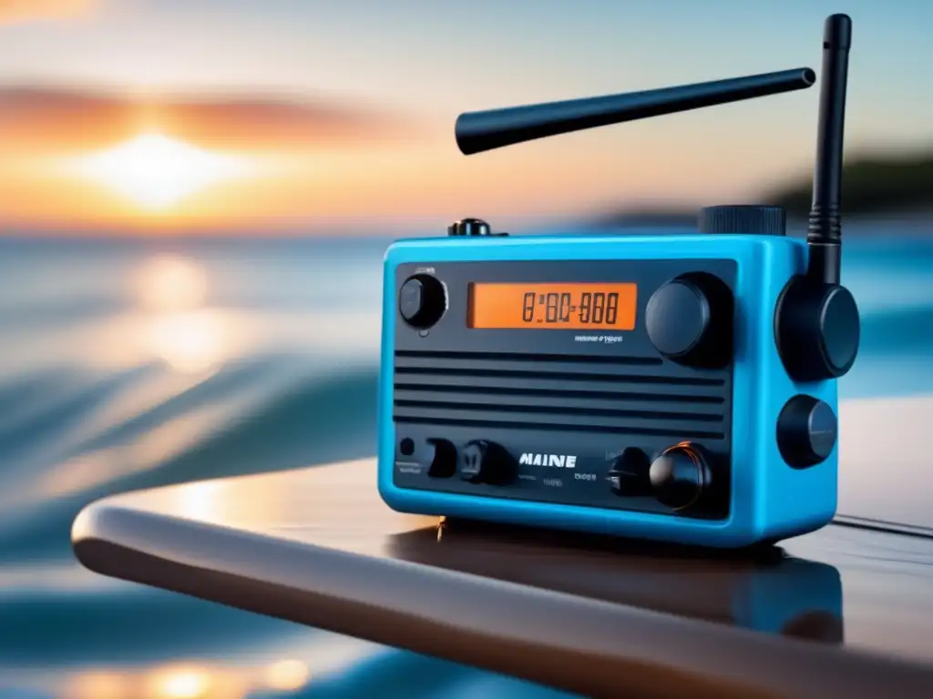 A sleek and robust marine radio, highlighted with key features including the antenna, frequency range, waterproof rating, and battery life, set against a backdrop of tranquil blue water and rolling waves, with a magnificent sunset in the background, captures the essence of the image perfectly