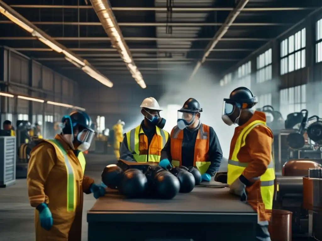 A group of diverse individuals in N95 respirators work together in a well-lit industrial setting, surrounded by modern machinery and safety equipment, emphasizing the importance of protective gear in maintaining health and safety during industrial processes