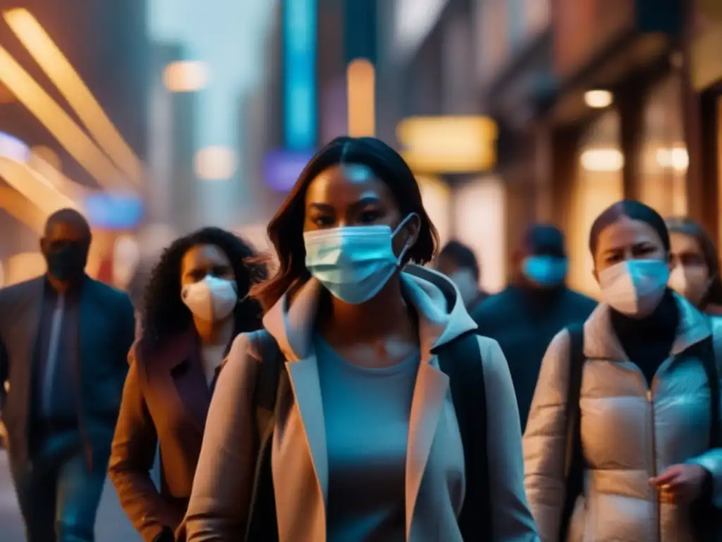 People in various masks navigate busy urban streets