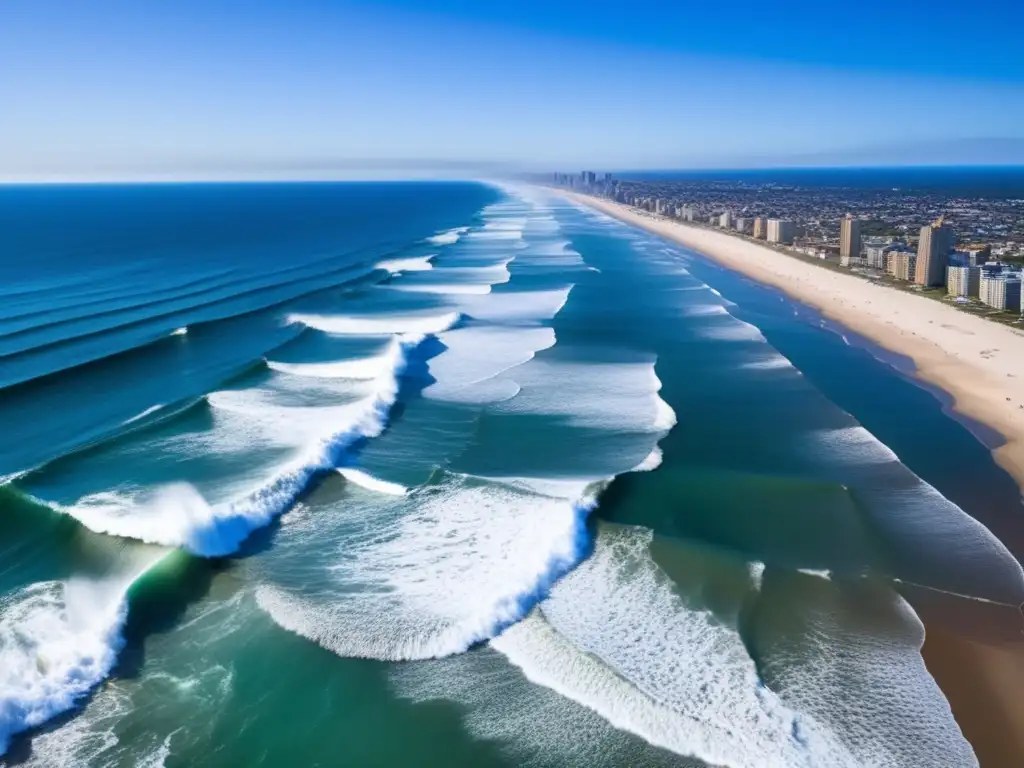 A breathtaking aerial view of a bustling beach shoreline, with crystal blue skies