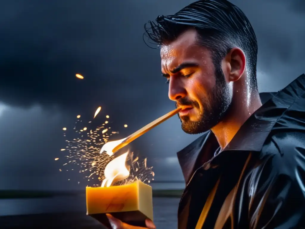 A daring man lighting a match amidst a stormy and rainy backdrop, with water spraying everywhere