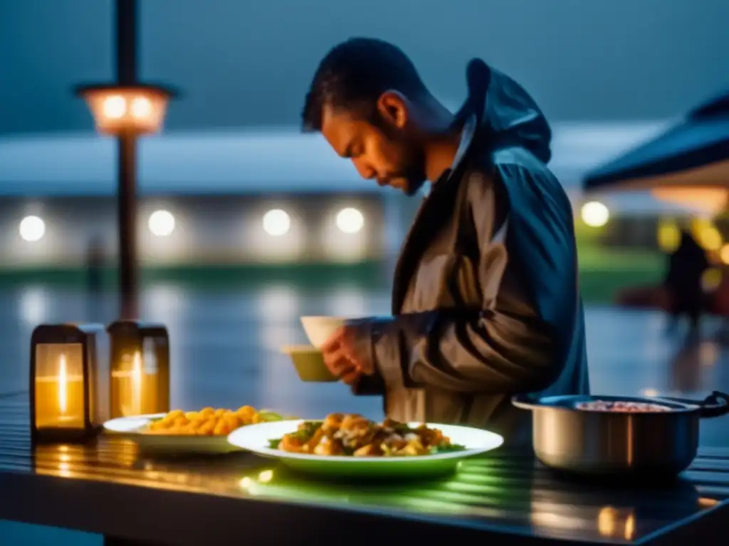 A person standing outside in the pouring rain, pondering the importance of self-heating meals on a table lit by a lamp