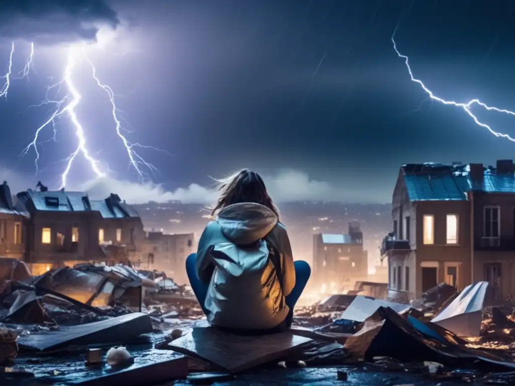 A lone figure sits in desolation, clutching a life-saving device in a chaotic cityscape wrecked by a storm