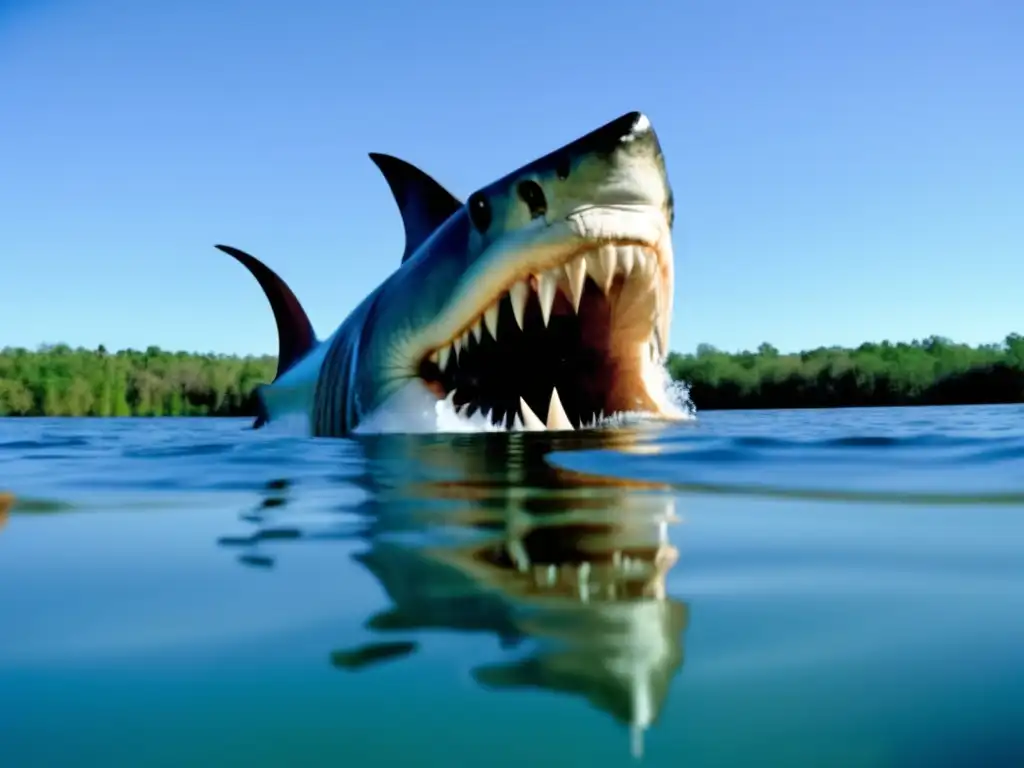 A Mega Jaws of Florida (2008) still image, capturing the terrifying presence of a monster lurking beneath the crystal-blue surface of a serene lake